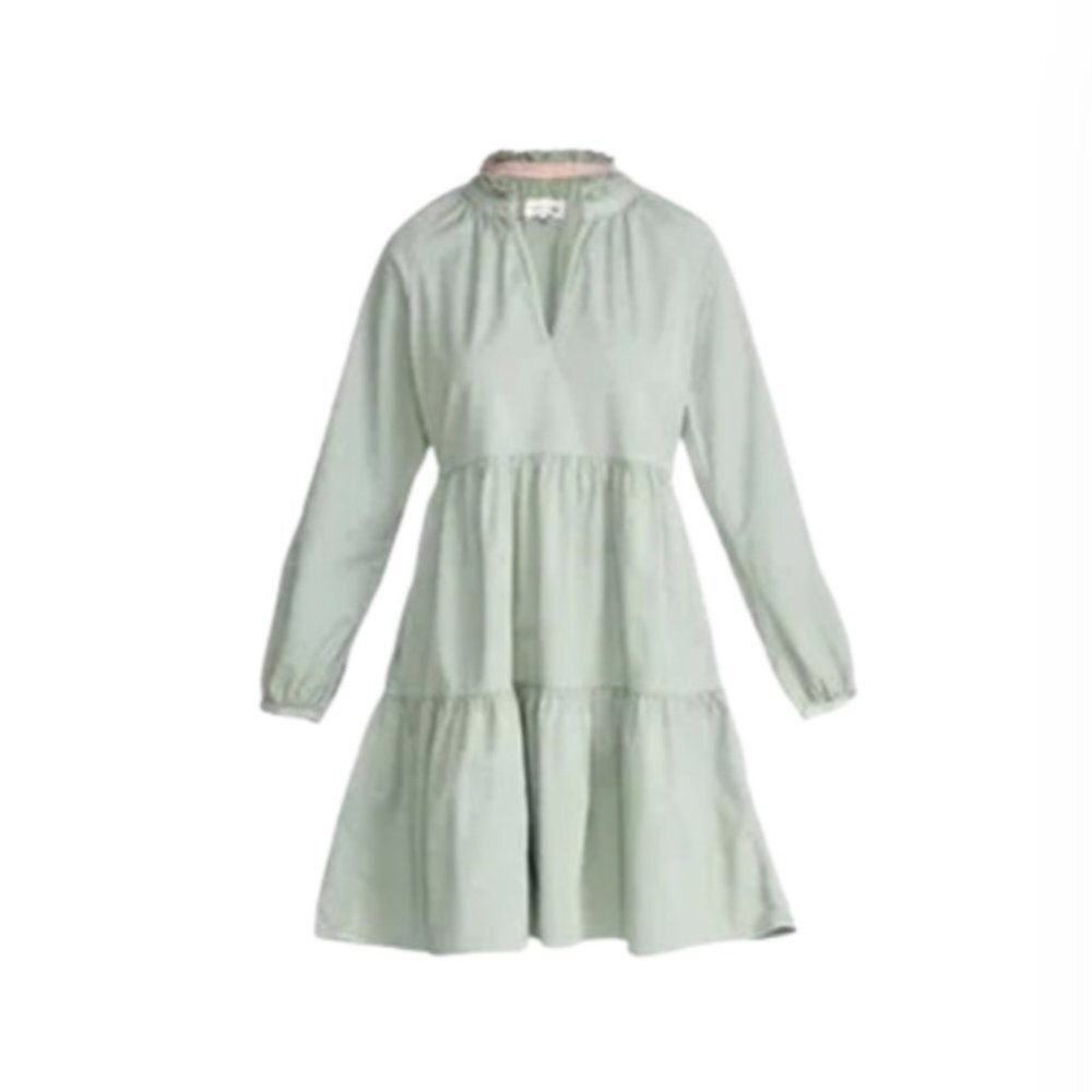 Sundry Tiered Panel Mini Dress Womens 1 Small Green Eucalyptus Long Sleeve VNeck - Picture 13 of 13